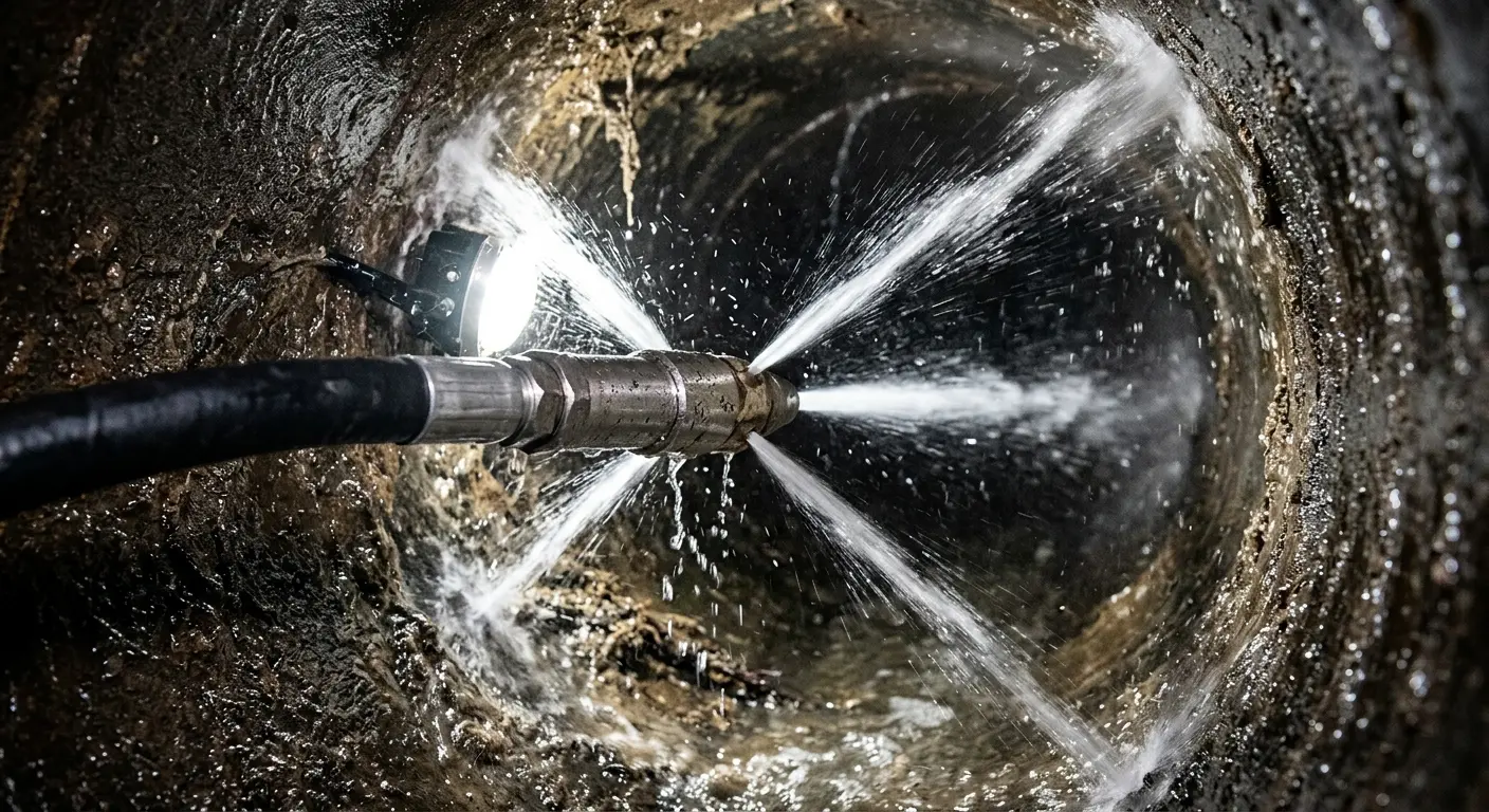 High-pressure hydro jetting nozzle cleaning sewer pipe for Emergency Drain Service in Lower Macungie