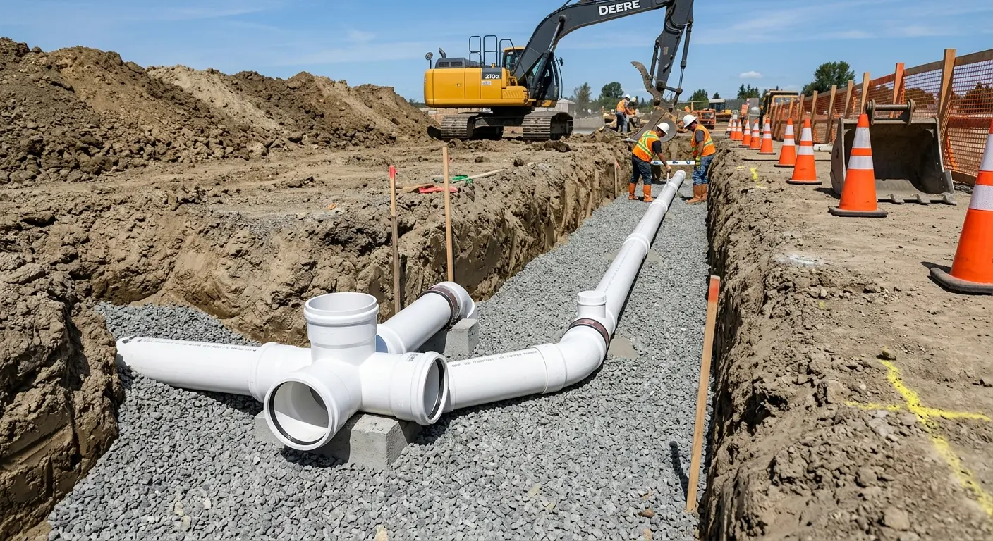 New PVC sewer pipe installation in open trench for Grease Trap Cleaning in Lower Macungie
