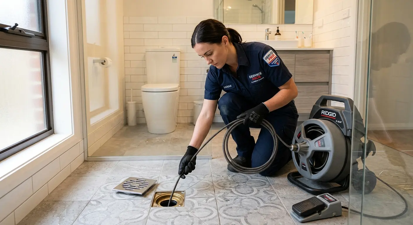 Technician clearing a bathroom floor drain for Drain Cleaning in Lower Macungie